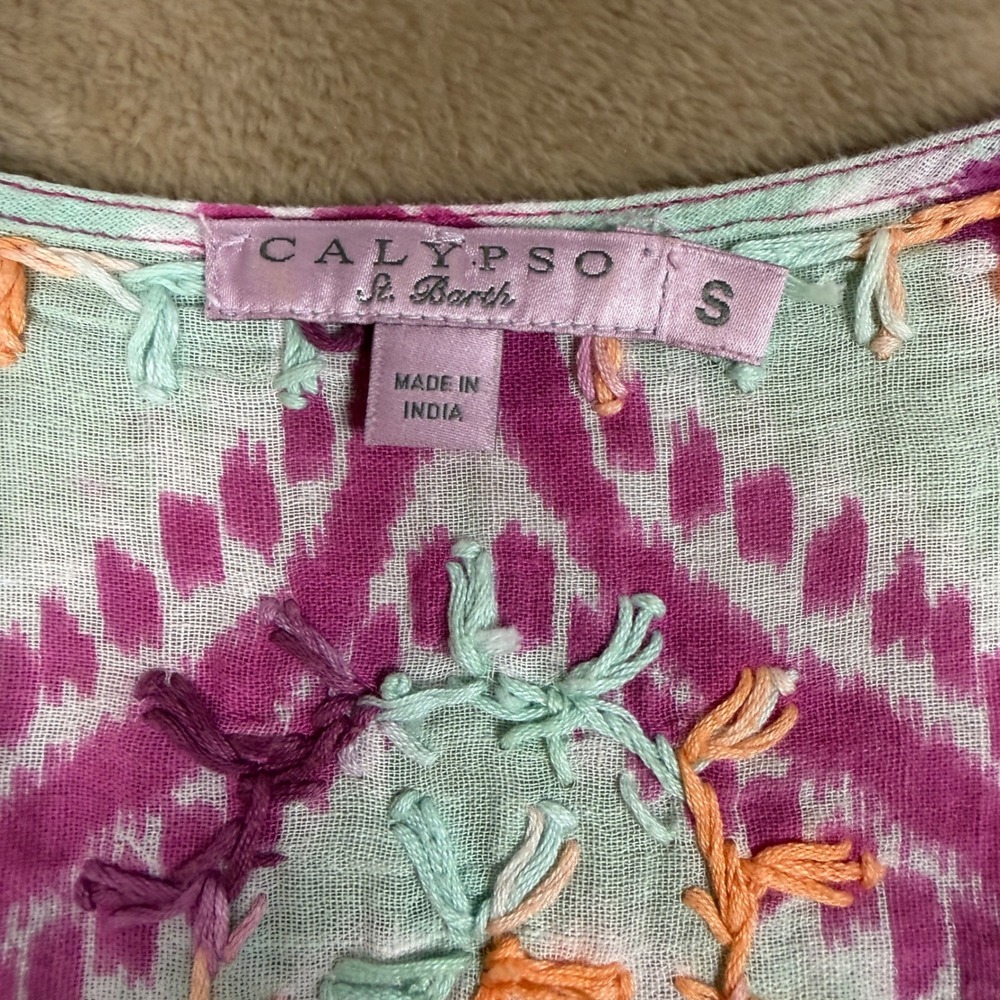 Calypso St Barth Tunic Top Purple Mint Ikat Embroidered Tassel Trim Small - Picture 3 of 7